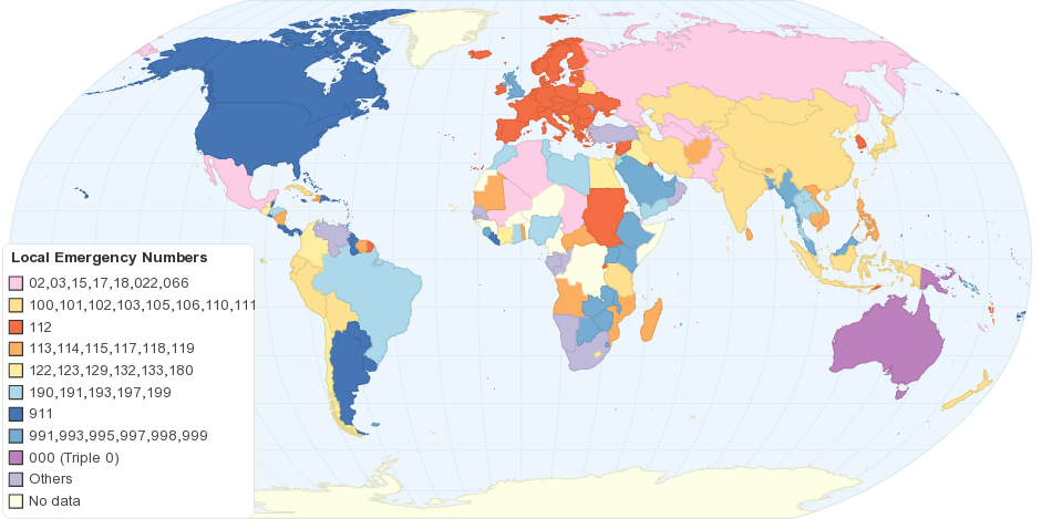 Map of Worldwide Emergency Numbers